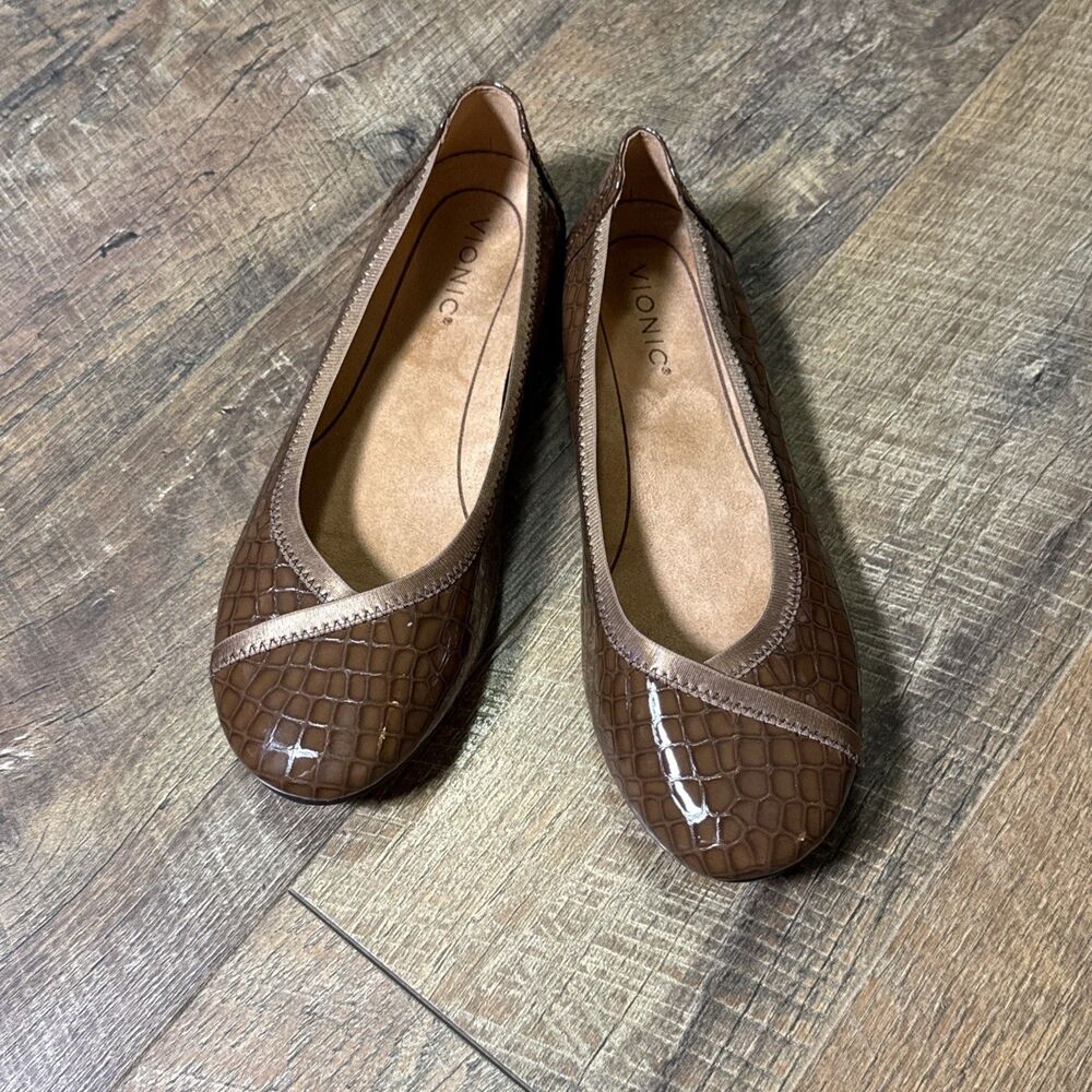 Vionic Carroll Slip-On Ballerina Flats Women's 8.5 Brown Leather Crock Comfort